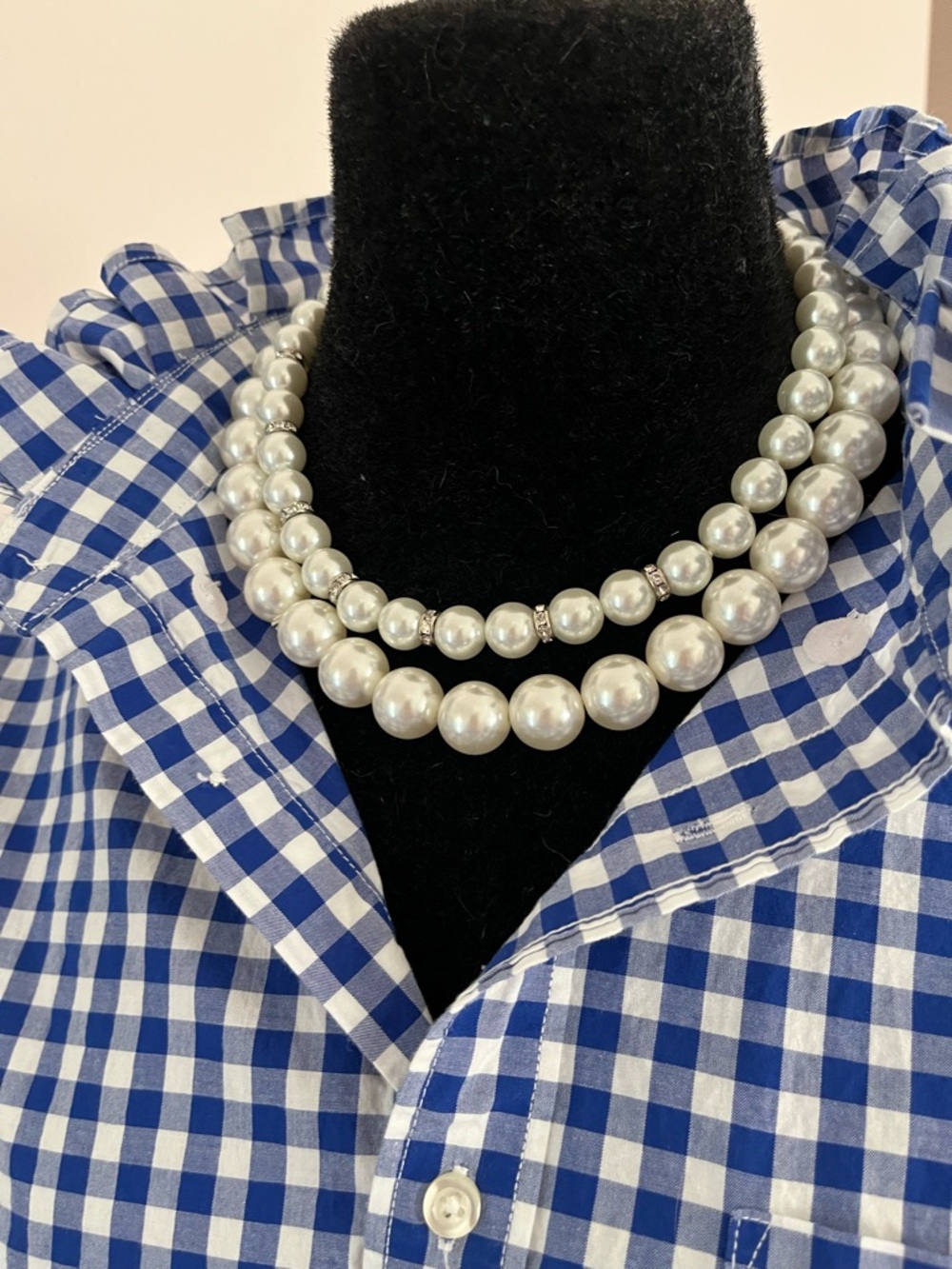 Upcycled L.L. Bean Blue and White Gingham Tie-Front Button-Down Ruffle Collar - Picture 6 of 7
